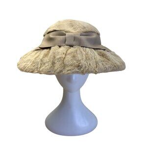 Vintage Beige Faux Fur Womens Hat With Bow Accent & Satin Lining